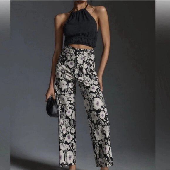 Maeve by Anthropologie The Colette Black White Floral Crop Wide Leg Pants Sz 29 - Picture 1 of 12
